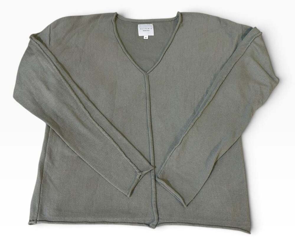 Allfenix V-Neck Sweater Size M Sage Green Knit Long Sleeve Lambs Wool Blend